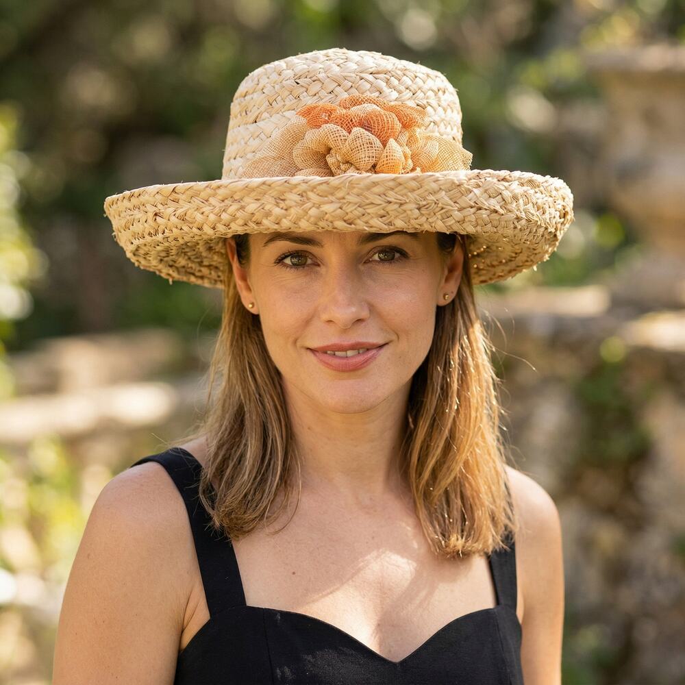 Boho Straw Sun Hat Mesh Flower Accent Beach Vacation Cottagecore Chic